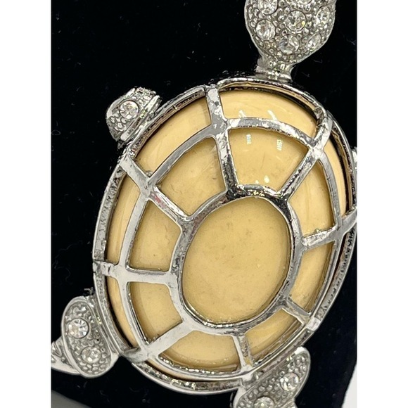 Vintage Turtle Cream Stone Silver Tone Pave Crystals Pin Brooch - Picture 5 of 14